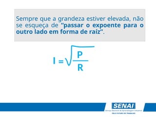 Sempre que a grandeza estiver elevada, não
se esqueça de “passar o expoente para o
outro lado em forma de raíz”.
I =
___
P
R
²
 