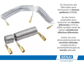 Os chuveiros são
fabricados para
fornecerem a mesma
potência (5500W).
Se eles forem
projetados para
funcionar em tensões
diferentes (127V ou
220V), também terão de
portar resistências
elétricas diferentes.
Assim, há uma
diminuição/aumento da
corrente utilizada,
compensando o
aumento/diminuição da
tensão aplicada.
 