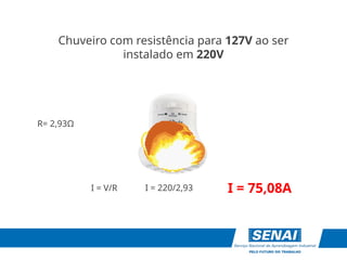I = 75,08A
I = V/R
R= 2,93Ω
I = 220/2,93
Chuveiro com resistência para 127V ao ser
instalado em 220V
 