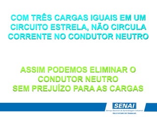 COM TRÊS CARGAS IGUAIS EM UM
CIRCUITO ESTRELA, NÃO CIRCULA
CORRENTE NO CONDUTOR NEUTRO
ASSIM PODEMOS ELIMINAR O
CONDUTOR NEUTRO
SEM PREJUÍZO PARA AS CARGAS
 