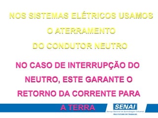 NOS SISTEMAS ELÉTRICOS USAMOS
O ATERRAMENTO
DO CONDUTOR NEUTRO
NO CASO DE INTERRUPÇÃO DO
NEUTRO, ESTE GARANTE O
RETORNO DA CORRENTE PARA
A TERRA
 