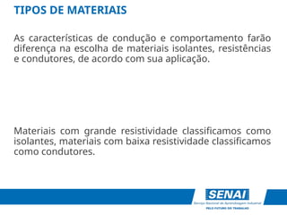 As características de condução e comportamento farão
diferença na escolha de materiais isolantes, resistências
e condutores, de acordo com sua aplicação.
Materiais com grande resistividade classificamos como
isolantes, materiais com baixa resistividade classificamos
como condutores.
TIPOS DE MATERIAIS
 