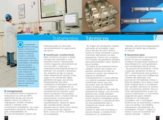 O 
objetivo remover ou 
reduzir as segregações, 
produzir estruturas 
estáveis e controlar 
certas características 
metalúrgicas, tais como: 
propriedades mecânicas, 
tamanho de grão, 
estampabilidade, etc. 
Para maiores detalhes 
sobre tratamento 
térmico, consultar o 
“Guia de tratamento 
térmico das ligas de 
alumínio”. Os principais 
tipos de tratamento 
térmico são: 
Homogeneização 
s tratamentos 
térmicos têm por 
É um tratamento térmico realizado em 
temperaturas ao redor de 500ºC, 
dependendo da liga, que tem por 
objetivo remover ou reduzir as 
segregações, produzir estruturas 
estáveis e controlar certas 
características metalúrgicas, tais como: 
propriedades mecânicas, tamanho de 
grão, estampabilidade, etc. 
No caso da laminação a quente este 
Lingotes de alumínio primário Lingotes de alumínio secundário 
Térmicos 
7 
Tratamentos 
tratamento pode ser executado 
concomitantemente ao aquecimento 
das placas. 
resfriados, uma técnica freqüentemente 
aplicada em rebites para a indústria 
de aviação. 
Recozimento pleno 
O recozimento pleno é um tratamento 
térmico em que se consegue as 
condições de plasticidade máxima do 
metal (têmpera O), correspondendo a 
uma recristalização total do mesmo. 
No processo de recozimento, o metal 
é aquecido, geralmente na faixa de 
350°C, suficientemente para permitir o 
seu rearranjo numa nova configuração 
cristalina não deformada. Este 
processo de recristalização remove o 
efeito do trabalho a frio e deixa o metal 
numa condição dúctil. O recozimento 
bem sucedido caracteriza-se somente 
pela recristalização primária. Deve-se 
evitar superaquecimentos, já que isto 
causa a coalescência e o crescimento 
exagerado dos grãos, também 
chamada de recristalização 
secundária, com a conseqüente 
tendência de ser desenvolvido o defeito 
“casca de laranja” nos trabalhos 
subseqüentes, principalmente de 
estampagem. A Figura 7, página 32, 
mostra a curva de recozimento de 
material laminado - 1100H18. 
Solubilização / envelhecimento 
Maior resistência mecânica é obtida 
nas ligas que respondem a esse 
tratamento térmico. Primeiramente, 
o metal é aquecido uniformemente até 
cerca de 500°C, sendo que a 
temperatura exata depende da liga em 
particular. Isto ocasiona a dissolução 
dos elementos de liga na solução 
sólida (tratamento de solução). Então, 
segue-se um resfriamento rápido, 
geralmente em água, que previne 
temporariamente que estes 
constituintes se precipitem. Esta condi-ção 
é instável e, gradualmente, os 
constituintes precipitam-se de maneira 
extremamente fina (somente visível 
através de potentes microscópios), 
alcançando, assim, o máximo efeito de 
endurecimento (envelhecimento). 
Em algumas ligas isto ocorre, 
espontaneamente, depois de alguns 
dias (envelhecimento natural), 
enquanto que em outras ocorre através 
de reaquecimento por algumas 
horas a cerca de 175°C (tratamento 
de precipitação). 
As chapas são normalmente tratadas 
num banho de sal fundido, o qual 
possui alta taxa de calor e fornece 
suporte ao metal, prevenindo-o quanto 
a possíveis deformações em altas 
temperaturas. Fornos com circulação 
de ar forçado são geralmente utilizados 
para perfis extrudados, tubos, forjados e 
peças fundidas. 
Os efeitos de um tratamento térmico 
completo incluem não somente um 
aumento substancial no limite de 
resistência à tração, mas também na 
redução da ductilidade. 
Conseqüentemente, é usual submeter-se 
o material a qualquer operação de 
conformação severa, que seja 
necessária, antes do tratamento 
térmico. A maior parte das 
conformações pode ser feita antes do 
tratamento de solução, com um acerto 
posterior para corrigir quaisquer 
distorções não previstas que possam 
ocorrer durante o resfriamento, porém, 
preferencialmente a conformação deve 
ser feita imediatamente após o 
tratamento de solução, antes do 
envelhecimento. 
Quando for difícil esta conciliação, é 
possível retardar o envelhecimento 
mantendo-se os componentes 
30 31 
 