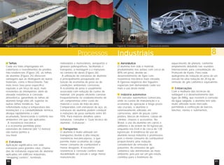 Figura 24 - Cobertura de alumínio não residencial Figura 25 - Telhas de alumínio pré-pintadas 
Processos Industriais 8 Figura 26 - Estrutura espacial Carroceria de alumínio 
Aeronáutica 
aquecimento do planeta, conforme 
amplamente debatido nas reuniões 
internacionais para consolidação do 
Protocolo de Kyoto. Para cada 
quilograma de redução do peso de um 
veículo há uma redução de 20 kg de 
emissão de gás carbônico equivalente. 
O alumínio tem sido o material 
predominante nos aviões com cerca de 
80% em peso, devido ao 
desenvolvimento de ligas com 
resistência mecânica mais elevada. 
A rigorosa exigência dos foguetes 
espaciais tem demandado cada vez 
mais o uso deste metal. Embarcações 
Com a melhoria das técnicas de 
soldagem e o desenvolvimento das 
ligas de AlMg, que resistem à corrosão 
da água salgada, o alumínio tem sido 
muito utilizado neste mercado, 
permitindo a confecção de barcos, 
lanchas, navios e submarinos. 
Telhas 
Cada vez mais empregadas em 
coberturas e revestimentos de prédios 
não-residenciais (Figura 24), as telhas 
de alumínio (Figura 25) oferecem 
vantagens que as distinguem de outros 
materiais, como o fibrocimento. São 
mais leves (seu peso específico 
equivale a um terço do aço), mais 
resistentes às intempéries, além de 
elevada resistência à corrosão 
atmosférica, garantindo às telhas de 
alumínio longa vida útil, superior às 
outras telhas metálicas. Sua 
refletividade reduz a temperatura das 
instalações e a condutibilidade térmica, 
dissipa rapidamente o calor 
acumulado, favorecendo o conforto nos 
ambientes em que são aplicadas. 
A resistência mecânica 
e a economia permitida pelas 
extensões do material (até 12 metros) 
são outros pontos a 
seu favor. 
Estruturas 
Aplicação significativa tem sido 
estruturas para grandes vãos, chama-das 
de estruturas espaciais de alumínio 
aplicadas em edifícios industriais, 
“shopping centers”, terminais 
Indústria automotiva 
Em veículos automotivos comerciais, 
onde os custos de manutenção e a 
economia de operação a longo prazo 
são cruciais, o alumínio é 
extensivamente utilizado em 
carrocerias, além de peças como 
pistões, blocos de motores, caixas de 
câmbio, chassis e acessórios. No 
Brasil, o uso do alumínio em carros e 
utilitários é da ordem de 50 kg/veículo, 
enquanto nos EUA é de cerca de 128 
kg/veículo. A tendência do uso de 
alumínio nessa indústria é promissora, 
pois o menor consumo de combustível 
proporcionará uma redução 
considerável de emissões de 
poluentes. As emissões de gás 
carbônico são detrimentais ao meio 
ambiente, pois por ser um gás estufa, 
contribui para o fenômeno de 
rodoviários e metroviários, aeroportos e 
ginásios poliesportivos, facilitando o 
transporte, a montagem e o manuseio 
no canteiro de obras (Figura 26). 
A utilização de estruturas de alumínio 
é principalmente pesquisada em 
função da economia de peso ou de 
condições ambientais corrosivas. 
A economia de peso é usualmente 
associada com redução de custos de 
material. Um projeto eficiente consiste 
freqüentemente no estabelecimento de 
um compromisso entre custo de 
material e custo de mão-de-obra. 
Comparadas com estruturas de aço, as 
estruturas de alumínio podem conduzir 
a reduções de peso variáveis entre 40- 
70%. Para maiores detalhes sobre 
estruturas, consultar o “Guia técnico do 
alumínio - Estruturas”. 
Transportes 
O alumínio é muito utilizado em 
transportes devido à alta relação 
resistência mecânica/peso, o que 
permite maior economia de carga, 
menor consumo de combustível e 
menor desgaste. A excelente 
resistência à corrosão confere maior 
durabilidade ao veículo e exige menor 
manutenção. 
60 61 
 