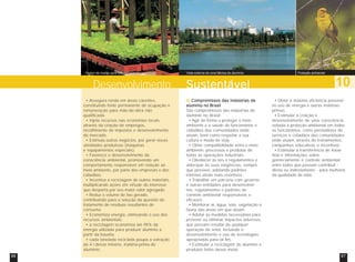 Viveiro de mudas para reflorestamento Vista externa de uma fábrica de alumínio Proteção ambiental 
Desenvolvimento Sustentável 10 
Compromissos das indústrias de 
alumínio no Brasil 
São compromissos das indústrias de 
alumínio no Brasil: 
• Agir de forma a proteger o meio 
ambiente e a saúde de funcionários e 
cidadãos das comunidades onde 
atuam, bem como respeitar a sua 
cultura e modo de vida. 
• Obter compatibilidade entre o meio 
ambiente, processos e produtos de 
todas as operações industriais. 
• Obedecer às leis e regulamentos e 
antecipar às suas exigências, sempre 
que possível, adotando padrões 
internos ainda mais restritivos. 
• Trabalhar em parceria com governo 
e outras entidades para desenvolver 
leis, regulamentos e padrões de 
controle ambiental responsáveis e 
eficazes. 
• Monitorar ar, água, solo, vegetação e 
fauna das áreas em que atuam. 
• Adotar as medidas necessárias para 
prevenir ou eliminar impactos adversos, 
que possam resultar de qualquer 
operação do setor, incluindo o 
desenvolvimento e uso de tecnologias 
apropriadas para tal fim. 
• Estimular a reciclagem do alumínio e 
produtos feitos desse metal. 
• Obter a máxima eficiência possível 
no uso de energia e outras matérias-primas. 
• Estimular a criação e 
desenvolvimento de uma consciência 
voltada à proteção ambiental em todos 
os funcionários, como prestadores de 
serviços e cidadãos das comunidades 
onde atuam, através de treinamentos, 
campanhas educativas e incentivos. 
• Estimular a transferência de know 
how e informações sobre 
gerenciamento e controle ambiental 
entre todos que possam contribuir - 
direta ou indiretamente - para melhoria 
da qualidade de vida. 
• Assegura renda em áreas carentes, 
constituindo fonte permanente de ocupação e 
remuneração para mão-de-obra não 
qualificada. 
• Injeta recursos nas economias locais, 
através da criação de empregos, 
recolhimento de impostos e desenvolvimento 
do mercado. 
• Estimula outros negócios, por gerar novas 
atividades produtivas (máquinas 
e equipamentos especiais). 
• Favorece o desenvolvimento da 
consciência ambiental, promovendo um 
comportamento responsável em relação ao 
meio ambiente, por parte das empresas e dos 
cidadãos. 
• Incentiva a reciclagem de outros materiais, 
multiplicando ações em virtude do interesse 
que desperta por seu maior valor agregado. 
• Reduz o volume de lixo gerado, 
contribuindo para a solução da questão do 
tratamento de resíduos resultantes do 
consumo. 
• Economiza energia, otimizando o uso dos 
recursos ambientais: 
• a reciclagem economiza até 95% da 
energia utilizada para produzir alumínio a 
partir da bauxita; 
• cada tonelada reciclada poupa a extração 
de 4 t desse minério, matéria-prima do 
alumínio. 
66 67 
 