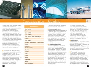 Folha para embalagem Cobertura de alumínio 
Refrigerador de motores Cabos nus de alumínio Transporte de substâncias inflamáveis 
alumínio pode surgir na região da área 
de contato. Quando houver 
necessidade de se unir o alumínio com 
esses metais, recomenda-se o 
isolamento da área com pinturas 
betuminosas ou materiais isolantes. 
Na série galvânica, mostrada na 
tabela ao lado, qualquer material tende 
a ser corroído através do contato com 
qualquer outro metal inferior a ele. 
Apesar da sua baixa posição na série, 
o aço inoxidável pode ser seguramente 
acoplado ao alumínio em vários 
ambientes porque o aço é altamente 
polarizado. Em ambientes com 
elevados teores de cloretos, o aço 
inoxidável pode causar substancial 
corrosão de contato no alumínio. 
Características do Alumínio 3 
Coeficiente de dilatação térmica 
O alumínio puro possui um coeficiente 
de dilatação térmica linear de 
0,0000238 mm/ºC, na faixa de 20ºC 
a 100ºC. Este coeficiente é 
aproximadamente duas vezes o do aço. 
Porém, devido ao baixo módulo de 
elasticidade do alumínio, induzem-se 
menores tensões na estrutura do 
alumínio, com a variação de 
temperatura, que na do aço. 
A adição de outros metais afeta muito 
pouco o coeficiente de dilatação. 
Condutibilidade elétrica 
O alumínio puro possui resistividade de 
0,00000263 ohm/cm³ e condutividade 
elétrica de 62% da IACS (International 
Annealed Copper Standard), a qual 
associada à sua baixa densidade 
significa que um condutor de alumínio 
pode conduzir tanta corrente quanto um 
condutor de cobre que é duas vezes 
mais pesado e proporcionalmente 
mais caro. 
Condutibilidade térmica 
Essa característica é um importante 
meio de transferência de energia 
térmica, tanto no aquecimento, como 
no resfriamento. Assim, os trocadores 
ou dissipadores de calor em alumínio 
são comuns nas indústrias alimentícia, 
química, petrolífera, aeronáutica, etc. 
O alumínio é também um excelente 
refletor de energia radiante devido ao 
grande alcance dos comprimentos de 
onda desde os raios ultravioletas, 
através dos espectros visíveis, até os 
raios infravermelhos e ondas de calor, 
tanto quanto ondas eletromagnéticas 
de rádio e radar. 
O alumínio puro possui uma 
condutibilidade térmica (k) de 0,53 
calorias por segundo por centímetro 
quadrado por centímetro de espessura 
por grau Celsius, de forma que sua 
condutibilidade térmica é 4,5 vezes 
maior que a do aço doce. 
A alta condutividade térmica do 
alumínio é um fator que influencia 
positivamente seu uso na indústria de 
alimentos e de produtos químicos. 
Refletividade 
O alumínio tem uma refletividade acima 
de 80%, a qual permite ampla 
utilização em luminárias. Coberturas de 
alumínio refletem uma alta 
porcentagem do calor do Sol, tanto que 
edificações cobertas com esse material 
são menos quentes no verão. 
Propriedade anti-magnética 
O metal não é magnético sendo 
freqüentemente utilizado como 
proteção em equipamentos eletrônicos. 
Também não produz faíscas, o que é 
uma característica muito importante, 
sendo, dessa forma, bastante utilizado 
na estocagem de substâncias 
inflamáveis ou explosivas, bem como 
em caminhões-tanque de transporte de 
12 13 
 