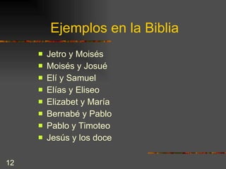Ejemplos en la Biblia Jetro y Moisés Moisés y Josué Elí y Samuel Elías y Eliseo Elizabet y María Bernabé y Pablo Pablo y Timoteo Jesús y los doce 