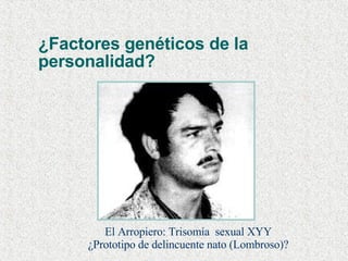 ¿Factores genéticos de la  personalidad?  El Arropiero: Trisomía  sexual XYY ¿Prototipo de delincuente nato (Lombroso)? 