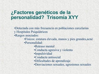 ¿Factores genéticos de la  personalidad?  Trisomía XYY Detectada con más frecuencia en poblaciones carcelarias y Hospitales Psiquiátricos Rasgos asociados: Físicos: estatura elevada, manos y pies grandes,acné  Personalidad: Retraso mental Conducta agresiva y violenta Impulsividad Conducta antisocial Dificultades de aprendizaje Desviaciones sexuales, agresiones sexuales 