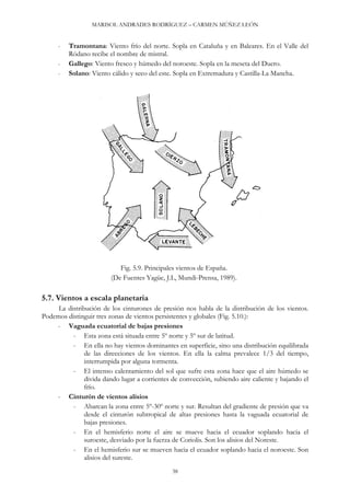 MARISOL ANDRADES RODRÍGUEZ – CARMEN MÚÑEZ LEÓN
- Tramontana: Viento frío del norte. Sopla en Cataluña y en Baleares. En el Valle del
Ródano recibe el nombre de mistral.
- Gallego: Viento fresco y húmedo del noroeste. Sopla en la meseta del Duero.
- Solano: Viento cálido y seco del este. Sopla en Extremadura y Castilla-La Mancha.
Fig. 5.9. Principales vientos de España.
(De Fuentes Yagüe, J.L, Mundi-Prensa, 1989).
5.7. Vientos a escala planetaria
La distribución de los cinturones de presión nos habla de la distribución de los vientos.
Podemos distinguir tres zonas de vientos persistentes y globales (Fig. 5.10.):
- Vaguada ecuatorial de bajas presiones
- Esta zona está situada entre 5º norte y 5º sur de latitud.
- En ella no hay vientos dominantes en superficie, sino una distribución equilibrada
de las direcciones de los vientos. En ella la calma prevalece 1/3 del tiempo,
interrumpida por alguna tormenta.
- El intenso calentamiento del sol que sufre esta zona hace que el aire húmedo se
divida dando lugar a corrientes de convección, subiendo aire caliente y bajando el
frío.
- Cinturón de vientos alisios
- Abarcan la zona entre 5º-30º norte y sur. Resultan del gradiente de presión que va
desde el cinturón subtropical de altas presiones hasta la vaguada ecuatorial de
bajas presiones.
- En el hemisferio norte el aire se mueve hacia el ecuador soplando hacia el
suroeste, desviado por la fuerza de Coriolis. Son los alisios del Noreste.
- En el hemisferio sur se mueven hacia el ecuador soplando hacia el noroeste. Son
alisios del sureste.
38
 