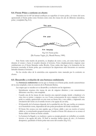 FUNDAMENTOS DE CLIMATOLOGÍA
8.4. Frente Polar y corriente en chorro
Alrededor de los 60º de latitud confluyen en superficie el viento polar y el viento del oeste
apareciendo el frente polar como frontera entre estas dos masas de aire de diferente naturaleza,
polar y templada (Fig. 8.4.).
Fig. 8.4. Frente polar.
(De Fuentes Yagüe, J.L, Mundi-Prensa, 1989).
Este frente varía mucho de posición, se desplaza de oeste a este, así como hacia el polo
durante el verano y hacia el ecuador durante el invierno. Estos desplazamientos originan unas
ondulaciones en el frente llamadas ondas Rossby. Estas ondas dan lugar a la formación de las
borrascas asociadas al frente polar, que constituyen las depresiones más frecuentes en nuestras
latitudes durante el invierno.
En los niveles altos de la atmósfera esta separación viene marcada por la corriente en
chorro.
8.5. Desarrollo y evolución de una borrasca ondulatoria
Las borrascas ondulatorias son las que se forman en el frente polar, siendo características
de la zona templada y más en concreto de la Península Ibérica.
Las etapas que se suceden en su desarrollo y evolución son las siguientes:
- Inicialmente tenemos dos masas de aire de orígenes distintos y con características
diferentes: una fría y otra templada.
- Cuando una de las masas de aire muestra una especial energía, tiende a desplazar a la
otra; ésta se resiste y empuja a su vez. Como consecuencia de estos empujes el frente
polar se ondula, apareciendo en esta zona un frente frío y otro cálido y originando una
circulación del viento en el sentido inverso a las agujas de un reloj.
- El desarrollo de la borrasca depende de la cantidad de aire frío que reciba; en concreto
en el hemisferio norte, dependerá del aire polar procedente del borde occidental.
- El frente frío avanza con más rapidez que el frente cálido y por ese motivo el sector
cálido se va estrechando progresivamente. Cuando el frente frío alcanza en su avance al
frente cálido se forma un frente ocluido.
- La borrasca ha llegado a su madurez y gasta su energía girando en torbellino en sentido
inverso a las agujas del reloj. Al final se mezclan ambas masas de aire y la borrasca
desaparece, quedando el frente polar más cerca del ecuador (Fig. 8.5.).
57
 