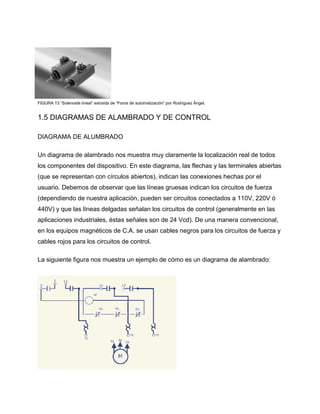 FIGURA 13 “Solenoide lineal” extraída de “Foros de automatización” por Rodríguez Ángel.
1.5 DIAGRAMAS DE ALAMBRADO Y DE CONTROL
DIAGRAMA DE ALUMBRADO
Un diagrama de alambrado nos muestra muy claramente la localización real de todos
los componentes del dispositivo. En este diagrama, las flechas y las terminales abiertas
(que se representan con círculos abiertos), indican las conexiones hechas por el
usuario. Debemos de observar que las líneas gruesas indican los circuitos de fuerza
(dependiendo de nuestra aplicación, pueden ser circuitos conectados a 110V, 220V ó
440V) y que las líneas delgadas señalan los circuitos de control (generalmente en las
aplicaciones industriales, éstas señales son de 24 Vcd). De una manera convencional,
en los equipos magnéticos de C.A. se usan cables negros para los circuitos de fuerza y
cables rojos para los circuitos de control.
La siguiente figura nos muestra un ejemplo de cómo es un diagrama de alambrado:
 