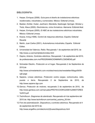 BIBLIOGRAFÍA:
1. Harper, Enríquez (2006). Guía para el diseño de instalaciones eléctricas
residenciales, industriales y comerciales. México: Editorial Limosa.
2. Bastian, Eichler, Huber, Jaufmann, Manderla, Spielvogel, Springer, Stricker y
Tkotz, Klaus (2000). Electrotecnia, ciclos formativos. Alemania: Editorial Akal.
3. Harper, Enríquez (2005). El ABC de las instalaciones eléctricas industriales.
México: Editorial Limosa.
4. Kosow, Irving (1998). Control de máquinas eléctricas. España: Editorial
Reverté
5. Martin, Juan Carlos (2001). Automatismos industriales. España: Editorial
Editex.
6. Universidad de Valencia. Relés. Recuperado 1 de septiembre del 2010, de
http://www.uv.es/marinjl/electro/reles.html
7. Ospino, Antonio. Controles eléctricos. Recuperado 1 de septiembre del 2010,
de profesionales.com.mx/PROGRAMACIONMINIPLCSIEMENS.pdf
8. Schneider Electric. Protección en el hogar. Recuperado 2 de Septiembre de
2010,de
http://www.schneiderlectric.com.mx/sites/mexico/es/newsletter/08ago09/09-
cgfi.page
9. Sapiens. Líneas eléctricas. Protección contra cargas, cortocircuitos, relés,
puesta a tierra. Recuperado 2 de Septiembre de 2010, de
http://www.sapiens.itgo.com
10.Genius. Protección de motores. recuperado 2 de septiembre de 2010, de
http://www.genteca.com.ve/manuales/PROTECCION%20DE%20MOTORES
%20V3.pdf
11.Techniforum. Diagramas de alambrado. Recuperado el 4 de septiembre del
2010 de: http://www.techniforum.com/central_automa_05.htm
12.Foro de automatización. Dispositivos y controles eléctricos. Recuperado el 4
de septiembre del 2010 de:
http://www.angelfire.com/electronic2/jhueso/dispositivos.html
 