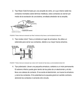 2. Tipo Reed: Está formado por una ampolla de vidrio, en cuyo interior están los
contactos montados sobre láminas metálicas, estos contactos se cierran por
medio de la excitación de una bobina, enrollada alrededor de la ampolla.
FIGURA 6 “Partes internas de relevador tipo Reed” extraída de http://www.uv.es/marinjl/electro/reles.html
3. Tipo núcleo móvil: Tiene un émbolo en lugar de armadura. Se utiliza un
solenoide para cerrar sus contactos, debido a su mayor fuerza atractiva.
FIGURA 7 “Partes internas de relevador tipo núcleo móvil” extraída de http://www.uv.es/marinjl/electro/reles.html
4. Tipo polarizado: Llevan una pequeña armadura, solidaria a un imán permanente.
El extremo inferior puede girar dentro de los polos de un electroimán y el otro
lleva una cabeza de contacto. Si se excita al electroimán, se mueve la armadura
y cierra los contactos. Si la polaridad es la opuesta girará en sentido contrario,
abriendo los contactos ó cerrando otro circuito.
 