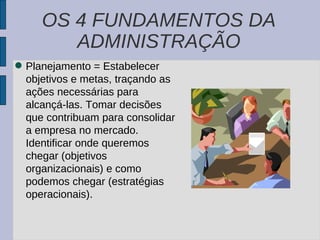 OS 4 FUNDAMENTOS DA ADMINISTRAÇÃO Planejamento = Estabelecer objetivos e metas, traçando as ações necessárias para alcançá-las. Tomar decisões que contribuam para consolidar a empresa no mercado. Identificar onde queremos chegar (objetivos organizacionais) e como podemos chegar (estratégias operacionais). 