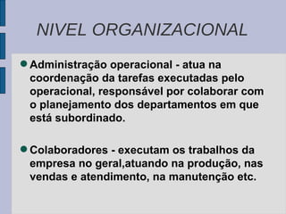 Administração operacional - atua na coordenação da tarefas executadas pelo operacional, responsável por colaborar com o planejamento dos departamentos em que está subordinado. Colaboradores - executam os trabalhos da empresa no geral,atuando na produção, nas vendas e atendimento, na manutenção etc. NIVEL ORGANIZACIONAL 