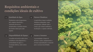 Requisitos ambientais e
condições ideais de cultivo
1 Qualidade da Água
Parâmetros como temperatura,
pH, oxigênio dissolvido e
nutrientes devem ser
monitorados e mantidos dentro
dos limites ideais para cada
espécie.
2 Fatores Climáticos
A aquicultura requer condições
climáticas adequadas, como
precipitação, radiação solar e
ventos, que variam conforme a
localização e a espécie cultivada.
3 Disponibilidade de Espaço
A escolha do local de cultivo deve
considerar a área disponível, a
profundidade da água e a
circulação hídrica, entre outros
fatores.
4 Acesso a Insumos
A proximidade a fontes de
alevinos, rações, equipamentos e
serviços especializados é essencial
para o sucesso da atividade.
 
