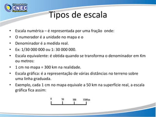 Tipos de escala
• Escala numérica – é representada por uma fração onde:
• O numerador é a unidade no mapa e o
• Denominador é a medida real.
• Ex: 1/30 000 000 ou 1: 30 000 000.
• Escala equivalente: é obtida quando se transforma o denominador em Km
ou metros:
• 1 cm no mapa = 300 km na realidade.
• Escala gráfica: é a representação de várias distâncias no terreno sobre
uma linha graduada.
• Exemplo, cada 1 cm no mapa equivale a 50 km na superfície real, a escala
gráfica fica assim:
 