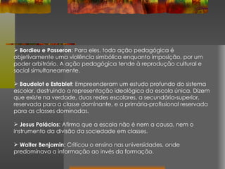 Bordieu e Passeron : Para eles, toda ação pedagógica é objetivamente uma violência simbólica enquanto imposição, por um poder arbitrário. A ação pedagógica tende à reprodução cultural e social simultaneamente. Baudelot e Establet : Empreenderam um estudo profundo do sistema escolar, destruindo a representação ideológica da escola única. Dizem que existe na verdade, duas redes escolares, a secundária-superior, reservada para a classe dominante, e a primária-profissional reservada para as classes dominadas. Jesus Palácios : Afirma que a escola não é nem a causa, nem o instrumento da divisão da sociedade em classes. Walter Benjamin : Criticou o ensino nas universidades, onde predominava a informação ao invés da formação. 