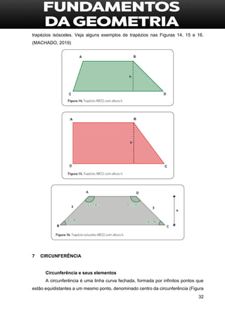 32
trapézios isósceles. Veja alguns exemplos de trapézios nas Figuras 14, 15 e 16.
(MACHADO, 2019)
7 CIRCUNFERÊNCIA
Circunferência e seus elementos
A circunferência é uma linha curva fechada, formada por infinitos pontos que
estão equidistantes a um mesmo ponto, denominado centro da circunferência (Figura
 