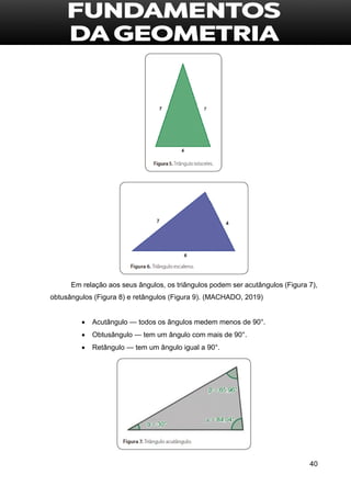 40
Em relação aos seus ângulos, os triângulos podem ser acutângulos (Figura 7),
obtusângulos (Figura 8) e retângulos (Figura 9). (MACHADO, 2019)
 Acutângulo — todos os ângulos medem menos de 90°.
 Obtusângulo — tem um ângulo com mais de 90°.
 Retângulo — tem um ângulo igual a 90°.
 