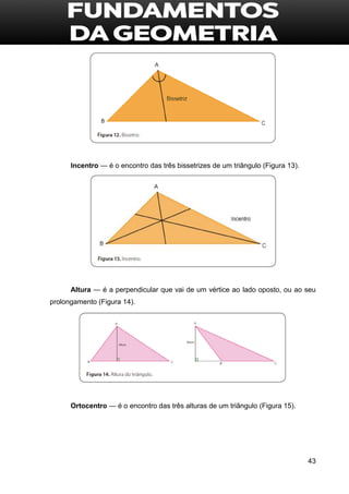 43
Incentro — é o encontro das três bissetrizes de um triângulo (Figura 13).
Altura — é a perpendicular que vai de um vértice ao lado oposto, ou ao seu
prolongamento (Figura 14).
Ortocentro — é o encontro das três alturas de um triângulo (Figura 15).
 