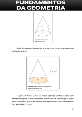 61
A área Sb da base do cone também é circular, como a o cilindro, e está indicada
na Figura 8, a seguir.
Já para calcularmos a área da lateral, podemos planificar o cone, como
mostrado na Figura 9. O cone planificado é um setor circular, com raio igual à geratriz
g e de comprimento igual a 2πr, referente ao comprimento do círculo da base (REIS,
2014 apud FERRAZ, 2019).
 