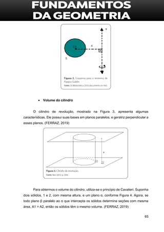 65
 Volume do cilindro
O cilindro de revolução, mostrado na Figura 3, apresenta algumas
características. Ele possui suas bases em planos paralelos, e geratriz perpendicular a
esses planos. (FERRAZ, 2019)
Para obtermos o volume do cilindro, utiliza-se o princípio de Cavalieri. Suponha
dois sólidos, 1 e 2, com mesma altura, e um plano α, conforme Figura 4. Agora, se
todo plano β paralelo ao α que intercepta os sólidos determina seções com mesma
área, A1 = A2, então os sólidos têm o mesmo volume. (FERRAZ, 2019)
 