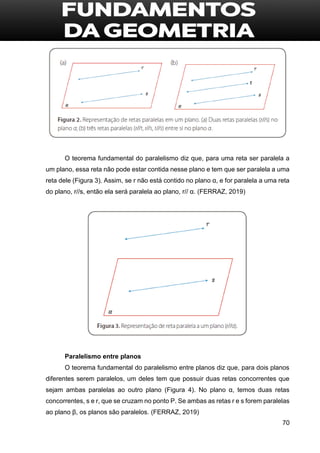 70
O teorema fundamental do paralelismo diz que, para uma reta ser paralela a
um plano, essa reta não pode estar contida nesse plano e tem que ser paralela a uma
reta dele (Figura 3). Assim, se r não está contido no plano α, e for paralela a uma reta
do plano, r//s, então ela será paralela ao plano, r// α. (FERRAZ, 2019)
Paralelismo entre planos
O teorema fundamental do paralelismo entre planos diz que, para dois planos
diferentes serem paralelos, um deles tem que possuir duas retas concorrentes que
sejam ambas paralelas ao outro plano (Figura 4). No plano α, temos duas retas
concorrentes, s e r, que se cruzam no ponto P. Se ambas as retas r e s forem paralelas
ao plano β, os planos são paralelos. (FERRAZ, 2019)
 