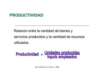 PRODUCTIVIDAD Relación entre la cantidad de bienes y servicios producidos y la cantidad de recursos utilizados.  Ing. Guillermo A. Corres - 2006 Productividad Unidades producidas Inputs empleados =  