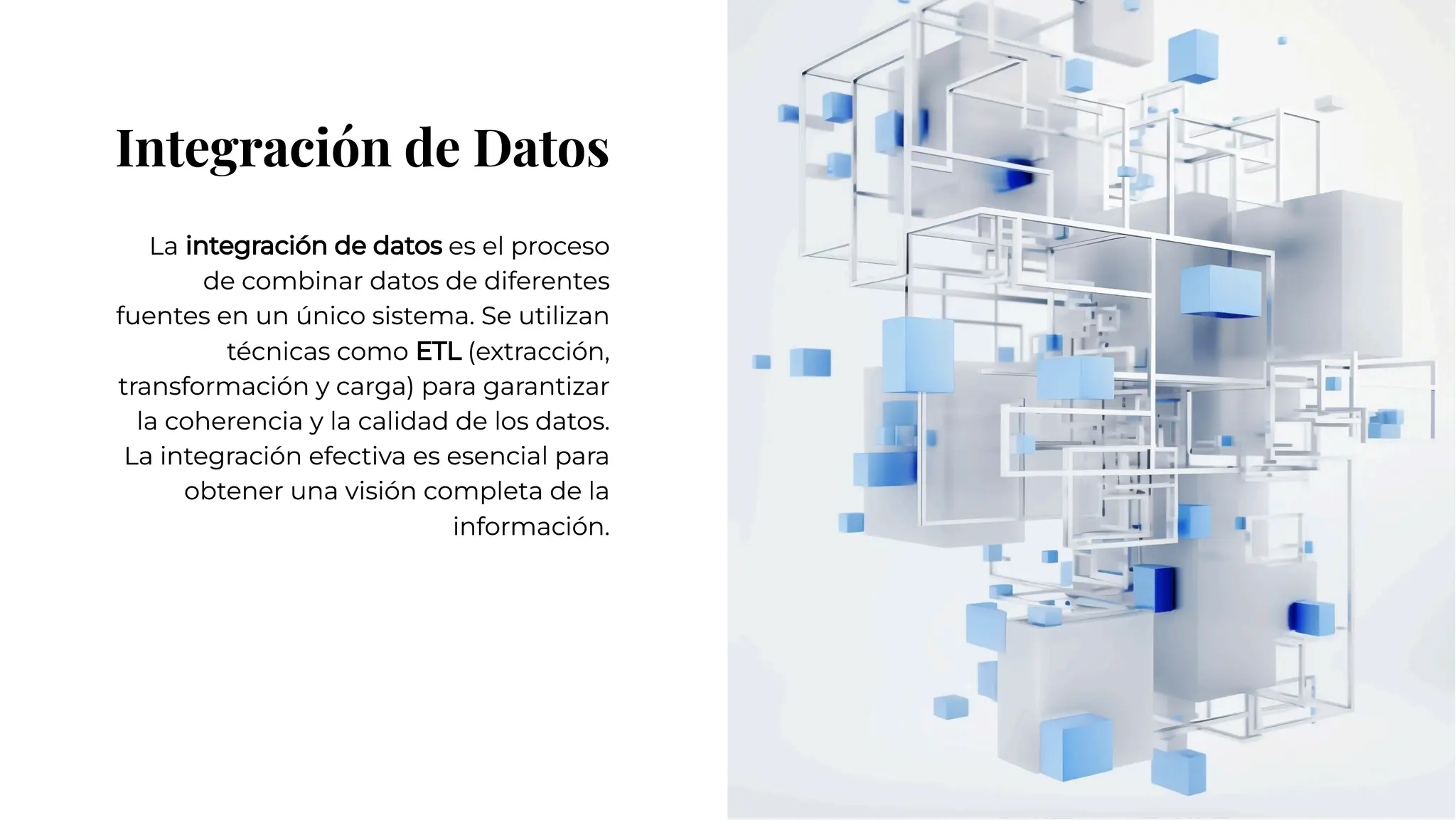 Integración de Datos
Integración de Datos
La integración de datos es el proceso
de combinar datos de diferentes
fuentes en un único sistema. Se utilizan
técnicas como ETL (extracción,
transformación y carga) para garantizar
la coherencia y la calidad de los datos.
La integración efectiva es esencial para
obtener una visión completa de la
información.
La integración de datos es el proceso
de combinar datos de diferentes
fuentes en un único sistema. Se utilizan
técnicas como ETL (extracción,
transformación y carga) para garantizar
la coherencia y la calidad de los datos.
La integración efectiva es esencial para
obtener una visión completa de la
información.
 