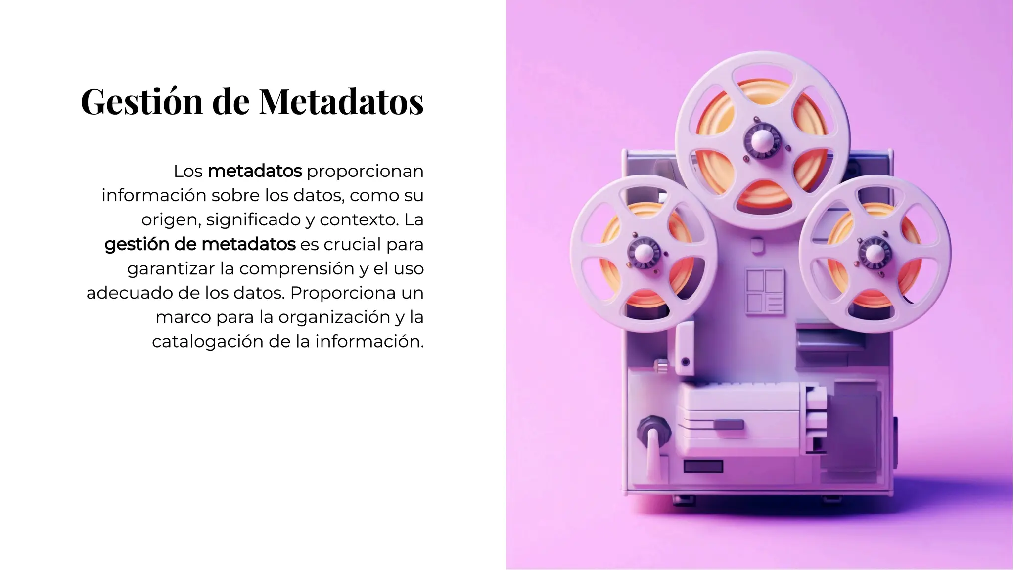 Gestión de Metadatos
Gestión de Metadatos
Los metadatos proporcionan
información sobre los datos, como su
origen, signiﬁcado y contexto. La
gestión de metadatos es crucial para
garantizar la comprensión y el uso
adecuado de los datos. Proporciona un
marco para la organización y la
catalogación de la información.
Los metadatos proporcionan
información sobre los datos, como su
origen, signiﬁcado y contexto. La
gestión de metadatos es crucial para
garantizar la comprensión y el uso
adecuado de los datos. Proporciona un
marco para la organización y la
catalogación de la información.
 