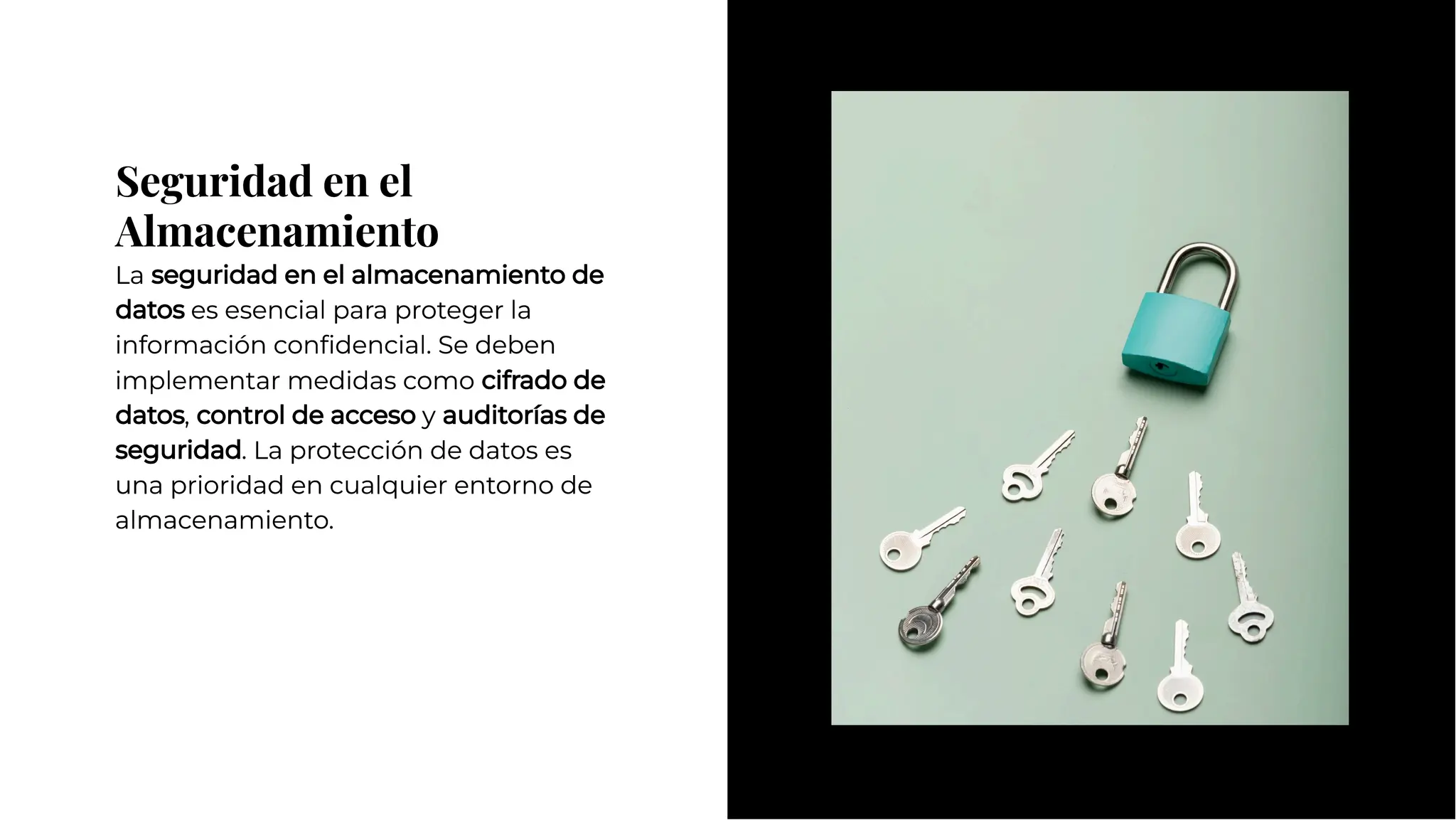 Seguridad en el
Almacenamiento
Seguridad en el
Almacenamiento
La seguridad en el almacenamiento de
datos es esencial para proteger la
información conﬁdencial. Se deben
implementar medidas como cifrado de
datos, control de acceso y auditorías de
seguridad. La protección de datos es
una prioridad en cualquier entorno de
almacenamiento.
La seguridad en el almacenamiento de
datos es esencial para proteger la
información conﬁdencial. Se deben
implementar medidas como cifrado de
datos, control de acceso y auditorías de
seguridad. La protección de datos es
una prioridad en cualquier entorno de
almacenamiento.
 