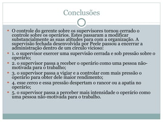 Conclusões O controle do gerente sobre os supervisores tornou cerrado o controle sobre os operários. Estes passaram a modificar substancialmente as suas atitudes para com a organização. A supervisão fechada desenvolvida por Peele passou a encerrar a administração dentro de um círculo vicioso: 1. o supervisor exercer uma supervisão cerrada e sob pressão sobre o operário; 2. o supervisor passa a receber o operário como uma pessoa não-motivada para o trabalho; 3. o supervisor passa a vigiar e a controlar com mais pressão o operário para obter dele maior rendimento; 4. esse cerco e essa pressão despertam o rancor ou a apatia no operário; 5. o supervisor passa a perceber mais intensidade o operário como uma pessoa não-motivada para o trabalho.  