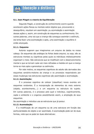 6.1. Jean Piaget e a teoria da Equilibração

      Segundo Piaget, a construção do conhecimento ocorre quando
acontecem ações físicas ou mentais sobre objetos que, provocando o
desequilíbrio, resultam em assimilação ,ou acomodação e assimilação
dessas ações e, assim, em construção de esquemas ou conhecimento. Em
outras palavras, uma vez que a criança não consegue assimilar o estímulo,
ela tenta fazer uma acomodação e após, uma assimilação o equilíbrio é
então alcançado.

6.1.1. Esquema
      Autores sugerem que imaginemos um arquivo de dados na nossa
cabeça. Os esquemas são análogos às fichas deste arquivo, ou seja, são as
estruturas mentais ou cognitivas pelas quais os indivíduos intelectualmente
organizam o meio. São estruturas que se modificam com o desenvolvimento
mental e que se tornam cada vez mais refinadas a medida em que a criança
torna-se mais apta a generalizar os estímulos.
      Por este motivo, os esquemas cognitivos do adulto são derivados dos
esquemas sensório-motores da criança e os processos responsáveis por
essas mudanças nas estruturas cognitivas são assimilação e acomodação.
6.1.2. Assimilação:
      É o processo cognitivo de colocar (classificar) novos eventos em
esquemas existentes. É a incorporação de elementos do meio externo
(objeto, acontecimento,...) a um esquema ou estrutura do sujeito.
Em outras palavras, é o processo pelo qual o indivíduo, cognitivamente,
capta o ambiente e o organiza possibilitando assim, a ampliação de seus
esquemas.
Na assimilação o indivíduo usa as estruturas que já possui.
6.1.3. Acomodação:
   É a modificação de um esquema ou de uma estrutura em função das
particularidades do objeto a ser assimilado. A acomodação pode ser de duas
formas, visto que se pode ter duas alternativas:




                      Educação a Distância – UNICEUMA                   16
 