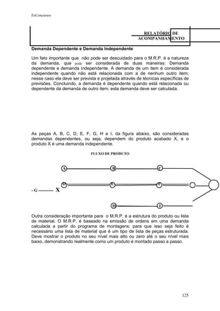 EeConcursos



                                                                        RELATÓRIO DE
                                                                      ACOMPANHAMENTO

Demanda Dependente e Demanda Independente

Um fato importante que não pode ser descuidado para o M.R.P. é a natureza
da demanda, que pode ser considerada de duas maneiras: Demanda
dependente e demanda independente. A demanda de um item é considerada
independente quando não está relacionada com a de nenhum outro item;
nesse caso ela deve ser prevista e projetada através de técnicas específicas de
previsões. Concluindo, a demanda é dependente quando está relacionada ou
dependente da demanda de outro item; esta demanda deve ser calculada.




As peças A, B, C, D, E, F, G, H e I, da figura abaixo, são consideradas
demandas dependentes, ou seja, dependem do produto acabado X, e o
produto X é uma demanda independente.

                                       FLUXO DE PRODUTO



                     A ------------------------------ B --------------------------- C


                     D ----------------------------- E -----------------------------F ------------------
- G ----------   X

                                                     H --------------------------- I

Outra consideração importante para o M.R.P. é a estrutura do produto ou lista
de material. O M.R.P. é baseado na emissão de ordens em uma demanda
calculada a partir do programa de montagens; para que isso seja feito é
necessário uma lista de material que é um tipo de lista de peças estruturada.
Deve mostrar o produto no seu nível mais alto ou zero até o seu nível mais
baixo, demonstrando realmente como um produto é montado passo a passo.




                                                                                                   125
 