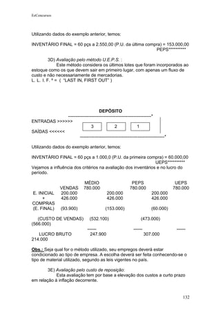 EeConcursos




Utilizando dados do exemplo anterior, temos:

INVENTÁRIO FINAL = 60 pçs a 2.550,00 (P.U. da última compra) = 153.000,00
                                                         PEPS**********

          3D) Avaliação pelo método U.E.P.S. :
               Este método considera os últimos lotes que foram incorporados ao
estoque como os que devem sair em primeiro lugar, com apenas um fluxo de
custo e não necessariamente de mercadorias.
L. L. I. F. º = ( “LAST IN, FIRST OUT” )




                                   DEPÓSITO
              --------------------------------------------------------*
ENTRADAS >>>>>>
                              3              2              1
SAÍDAS <<<<<<
                      ---------------------------------------------------------*

Utilizando dados do exemplo anterior, temos:

INVENTÁRIO FINAL = 60 pçs a 1.000,0 (P.U. da primeira compra) = 60.000,00
                                                               UEPS**********
Vejamos a influência dos critérios na avaliação dos inventários e no lucro do
período.

                               MÉDIO                       PEPS                     UEPS
                VENDAS         780.000                    780.000                  780.000
E. INICIAL      200.000                      200.000                    200.000
     +          426.000                      426.000                    426.000
COMPRAS
(E. FINAL)       (93.900)                  (153.000)                    (60.000)

   (CUSTO DE VENDAS)              (532.100)                      (473.000)
(566.000)
                                 ------                     ------                  ------
   LUCRO BRUTO                     247.900                           307.000
214.000

Obs.: Seja qual for o método utilizado, seu empregos deverá estar
condicionado ao tipo de empresa. A escolha deverá ser feita conhecendo-se o
tipo de material utilizado, segundo as leis vigentes no país.

        3E) Avaliação pelo custo de reposição:
            Esta avaliação tem por base a elevação dos custos a curto prazo
em relação à inflação decorrente.


                                                                                        132
 