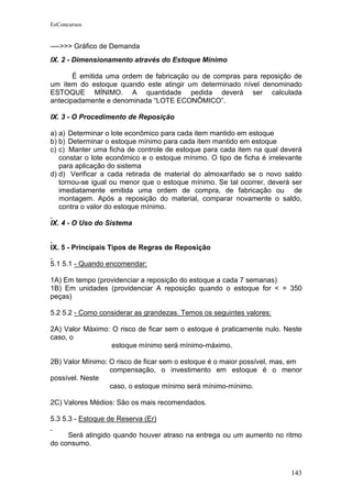 EeConcursos


---->>> Gráfico de Demanda
IX. 2 - Dimensionamento através do Estoque Mínimo

       É emitida uma ordem de fabricação ou de compras para reposição de
um item do estoque quando este atingir um determinado nível denominado
ESTOQUE MÍNIMO. A quantidade pedida deverá ser calculada
antecipadamente e denominada “LOTE ECONÔMICO”.

IX. 3 - O Procedimento de Reposição

a) a) Determinar o lote econômico para cada item mantido em estoque
b) b) Determinar o estoque mínimo para cada item mantido em estoque
c) c) Manter uma ficha de controle de estoque para cada item na qual deverá
   constar o lote econômico e o estoque mínimo. O tipo de ficha é irrelevante
   para aplicação do sistema
d) d) Verificar a cada retirada de material do almoxarifado se o novo saldo
   tornou-se igual ou menor que o estoque mínimo. Se tal ocorrer, deverá ser
   imediatamente emitida uma ordem de compra, de fabricação ou de
   montagem. Após a reposição do material, comparar novamente o saldo,
   contra o valor do estoque mínimo.

IX. 4 - O Uso do Sistema


IX. 5 - Principais Tipos de Regras de Reposição

5.1 5.1 - Quando encomendar:

1A) Em tempo (providenciar a reposição do estoque a cada 7 semanas)
1B) Em unidades (providenciar A reposição quando o estoque for < = 350
peças)

5.2 5.2 - Como considerar as grandezas. Temos os seguintes valores:

2A) Valor Máximo: O risco de ficar sem o estoque é praticamente nulo. Neste
caso, o
                  estoque mínimo será mínimo-máximo.

2B) Valor Mínimo: O risco de ficar sem o estoque é o maior possível, mas, em
                  compensação, o investimento em estoque é o menor
possível. Neste
                  caso, o estoque mínimo será mínimo-mínimo.

2C) Valores Médios: São os mais recomendados.

5.3 5.3 - Estoque de Reserva (Er)

     Será atingido quando houver atraso na entrega ou um aumento no ritmo
do consumo.



                                                                         143
 