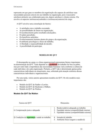 EeConcursos


representa em que grau os membros da organização são capazes de satisfazer suas
necessidades pessoais através do seu trabalho na organização, pois é necessário
satisfazer primeiro seu colaborador para sim, depois satisfazer o cliente externo. Ela
envolve os aspectos intrínsecos(conteúdo) e extrínsecos(contexto) do cargo.

   A QVT envolve uma constelação de fatores:

   •   A satisfação com o trabalho executado;
   •   As possibilidades de futuro na organização;
   •   O reconhecimento pelos resultados alcançados;
   •   O salário percebido;
   •   Os benefícios auferidos;
   •   O relacionamento humano dentro do grupo e da organização;
   •   O ambiente psicológico e físico de trabalho;
   •   A liberdade e responsabilidade de decidir;
   •   A possibilidade de participar.



                                 MODELOS DE QVT


    O desempenho no cargo e o clima organizacional representam fatores importantes
na determinação da QVT. Tudo depende se a qualidade do trabalho for boa ou pobre,
mas por outro lado a importância das necessidades humanas varia conforme a cultura de
cada indivíduo e de cada organização. Portanto, a QVT não é determinada apenas pelas
características individuais ou situacionais, mas, sobretudo pela atuação sistêmica dessas
características individuais e organizacionais.

   Por esta razão, vários autores apresentam modelos de QVT. Os três modelos mais
importantes são:

   •   Modelo de QVT de Nadler e Lawler;
   •   Modelo de QVT de Hackman e Oldhan;
   •   Modelo de QVT de Walton.

Modelo De QVT De Walton



       Fatores de QVT                                        Dimensões

                                                     1. Renda (salário) adequada ao trabalho
1. Compensação justa e adequada                      2. Equidade interna (compatibilidade interna)
                                                     3. Equidade externa (compatibilidade externa)

2. Condições de segurança e saúde no trabalho        4. Jornada de trabalho
                                                     5. Ambiente físico (seguro e saudável)



                                                                                         55
 