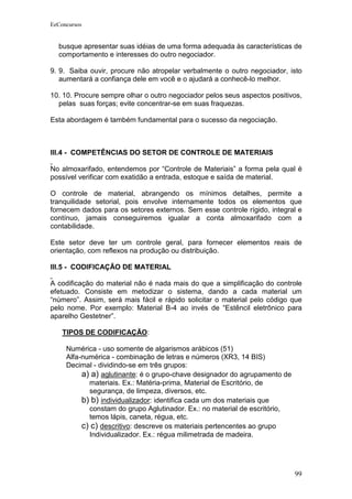 EeConcursos


  busque apresentar suas idéias de uma forma adequada às características de
  comportamento e interesses do outro negociador.

9. 9. Saiba ouvir, procure não atropelar verbalmente o outro negociador, isto
   aumentará a confiança dele em você e o ajudará a conhecê-lo melhor.

10. 10. Procure sempre olhar o outro negociador pelos seus aspectos positivos,
  pelas suas forças; evite concentrar-se em suas fraquezas.

Esta abordagem é também fundamental para o sucesso da negociação.



III.4 - COMPETÊNCIAS DO SETOR DE CONTROLE DE MATERIAIS

No almoxarifado, entendemos por “Controle de Materiais” a forma pela qual é
possível verificar com exatidão a entrada, estoque e saída de material.

O controle de material, abrangendo os mínimos detalhes, permite a
tranquilidade setorial, pois envolve internamente todos os elementos que
fornecem dados para os setores externos. Sem esse controle rígido, integral e
contínuo, jamais conseguiremos igualar a conta almoxarifado com a
contabilidade.

Este setor deve ter um controle geral, para fornecer elementos reais de
orientação, com reflexos na produção ou distribuição.

III.5 - CODIFICAÇÃO DE MATERIAL

A codificação do material não é nada mais do que a simplificação do controle
efetuado. Consiste em metodizar o sistema, dando a cada material um
“número”. Assim, será mais fácil e rápido solicitar o material pelo código que
pelo nome. Por exemplo: Material B-4 ao invés de “Estêncil eletrônico para
aparelho Gestetner”.

    TIPOS DE CODIFICAÇÃO:

     Numérica - uso somente de algarismos arábicos (51)
     Alfa-numérica - combinação de letras e números (XR3, 14 BIS)
     Decimal - dividindo-se em três grupos:
          a) a) aglutinante: é o grupo-chave designador do agrupamento de
            materiais. Ex.: Matéria-prima, Material de Escritório, de
            segurança, de limpeza, diversos, etc.
          b) b) individualizador: identifica cada um dos materiais que
            constam do grupo Aglutinador. Ex.: no material de escritório,
            temos lápis, caneta, régua, etc.
          c) c) descritivo: descreve os materiais pertencentes ao grupo
            Individualizador. Ex.: régua milimetrada de madeira.




                                                                            99
 