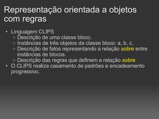 Representação orientada a objetos com regras Linguagem CLIPS Descrição de uma classe bloco. Instâncias de três objetos da classe bloco: a, b, c. Descrição de fatos representando a relação  sobre  entre instâncias de blocos. Descrição das regras que definem a relação  sobre . O CLIPS realiza casamento de padrões e encadeamento progressivo. 