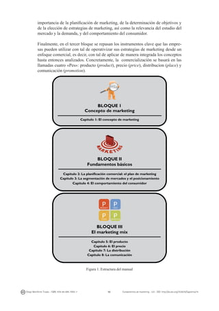 importancia de la planificación de marketing, de la determinación de objetivos y
de la elección de estrategias de marketing, así como la relevancia del estudio del
mercado y la demanda, y del comportamiento del consumidor.
Finalmente, en el tercer bloque se repasan los instrumentos clave que las empresas pueden utilizar con tal de operativizar sus estrategias de marketing desde un
enfoque comercial, es decir, con tal de aplicar de manera integrada los conceptos
hasta entonces analizados. Concretamente, la comercialización se basará en las
llamadas cuatro «Pes»: producto (product), precio (price), distribucion (place) y
comunicación (promotion).
	
  

	
  

	
  

	
  
	
  
	
  
	
  
	
  
	
  
	
  
	
  
	
  
	
  
	
  

BLOQUE 1
Concepto de marketing

	
  

	
  

Capítulo 1: El concepto de marketing
	
  

	
  

	
  

	
  

	
  

	
  
	
  
	
  
	
  
	
  
	
  
	
  
	
  
	
  
	
  

BLOQUE II
Fundamentos básicos

	
  

Capítulo 2: La planificación comercial: el plan de marketing
Capítulo 3: La segmentación de mercados y el posicionamiento
Capítulo 4: El comportamiento del consumidor

	
  

	
  

	
  
	
  
	
  
	
  
	
  
	
  
	
  
	
  

	
  

	
  
	
  
	
  

Diego Monferrer Tirado - ISBN: 978-84-695-7093-7

	
  

BLOQUE III
El marketing mix
Capítulo 5: El producto
Capítulo 6: El precio
Capítulo 7: La distribución
Capítulo 8: La comunicación

	
  

Figura 1. Estructura del manual

10

Fundamentos de marketing - UJI - DOI: http://dx.doi.org/10.6035/Sapientia74

 