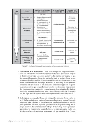  

Final
siglo xix

ETAPA

PROTAGONISMO DEL
CONSUMIDOR

SITUACIÓN DEL
MERCADO

OBJETIVO
EMPRESARIAL

ESCASO:
Orientación a la
producción

Orientación al
producto

Ø	 La actividad empresarial
era incipiente
Ø	 Escasa competencia
Ø	 Se intentaba fabricar al
mínimo coste productos
de calidad aceptable
Ø	 La opinión del
consumidor sobre el
diseño, gamas o estética
se encuentra en segundo
plano

Minimizar
los costes de
producción
Exceso de demanda
Maximizar la
calidad del producto
al menor coste
posible

EN AUMENTO:
Orientación a las
ventas

Orientación al
marketing

Final
siglo xx

Orientación a la
responsabilidad
social del
marketing

Ø	 El clima de competencia
creciente aumenta el
protagonismo de las
actividades de marketing

MÁXIMO:
Ø	 El exceso de oferta
coloca al consumidor
en una posición de
privilegio

Equilibrio entre
demanda y oferta

Maximizar la cifra
de ventas

Exceso de oferta

Satisfacción del
cliente

Exceso de oferta

Preservar el
bienestar a largo
plazo

Tabla 1.4. Evolución histórica de la orientación de la empresa en el siglo xx

1)	Orientación a la producción. Desde este enfoque las empresas llevan a
cabo sus actividades buscando maximizar la eficiencia productiva, ampliar
la distribución y bajar los costes operativos. La premisa subyacente es que
los consumidores están dispuestos a absorber toda la producción de la empresa con el único requisito de que sean fácilmente accesibles tanto en términos de espacio como de tiempo. Por tanto, el marketing en las empresas
orientadas a la producción se entiende como un marketing pasivo, ya que la
idea subyacente es que los productos se venden por sí mismos. En este sentido, el protagonismo recae sobre el departamento de producción. Es decir, el
marketing no es explotado como arma competitiva por este tipo de empresas, sin lugar a dudas porque la escasa competencia no lo hace necesario.
2)	Orientación al producto. Desde este enfoque las empresas llevan a cabo su
actividad centrándose en producir buenos productos y en mejorarlos continuamente, todo ello bajo la creencia de que los clientes comprarán los mejores productos, es decir, aquellos que ofrezcan la mayor calidad y den el
mejor resultado. Se continúa con un enfoque de marketing pasivo, pues aunque se innova para mejorar los productos, no se tiene en cuenta cuáles son
los deseos y las preferencias de la demanda a la que van dirigidos. Es más,

Diego Monferrer Tirado - ISBN: 978-84-695-7093-7

24

Fundamentos de marketing - UJI - DOI: http://dx.doi.org/10.6035/Sapientia74

 