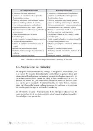 Marketing de transacciones

Marketing de relaciones

• Centrado en las ventas individuales
• Orientado a las características de los productos
• Rentabilidad del producto
• Óptica del intercambio como un proceso discreto
• Óptica del marketing de bienes de consumo
• Nivel moderado de contactos con los clientes
• Política diferenciadora entre cliente y empresa
• Política de comunicación basada en la publicidad y
las promociones
• Escaso énfasis en los costes de cambio
• Calidad endógena
• Ventaja competitiva basada en los aspectos tangibles.
• Estrategia de empresa seguidora
• Objetivo de la empresa: incrementar la cuota de
mercado
• Mercado con cambios lentos o estable
• Marketing realizado solo por el departamento de
marketing
• Visión de la empresa a corto plazo

• Centrado en el mantenimiento de las relaciones
• Orientado hacia los beneficios de los productos
• Rentabilidad del cliente
• Óptica del intercambio como proceso continuo
• Óptica del marketing de servicios y del industrial
• Alto nivel de compromiso y contacto con los clientes
• Política integradora del cliente en la empresa
• Política de comunicación basada en la recomendación (boca-oreja) y el marketing directo
• Estrategias de creación de altos costes de cambio
• Calidad exógena
• Ventaja competitiva basada en los aspectos intangibles
• Estrategia de empresa innovadora
• Objetivo de la empresa: aumentar la fidelidad del
cliente
• Mercado en constante y rápido cambio
• Marketing realizado por todos los empleados de la
empresa
• Visión de la empresa a largo plazo

Tabla I.5. Diferencias entre marketing de transacciones y marketing de relaciones

1.3. Ampliaciones del marketing
En este punto simplemente señalar, como ya se ha apuntado anteriormente, que
la evolución del concepto de marketing ha acontecido en la aparición de un gran
número de subdisciplinas que, partiendo de los supuestos fundamentales sobre los
que se ha construido el concepto de marketing, se han centrado en aplicaciones específicas del mismo. Así, partiendo de una concepción amplia del producto como
todo aquello que es susceptible de intercambio entre dos partes (bienes, servicios,
ideas, etc.), la realidad es que cualquier organización implicada en procesos de
intercambio puede incorporar la filosofía de marketing.
En este sentido, la figura 1.4 recoge alguna de las principales subdisciplinas del
marketing en función de los distintos pilares sobre los que se aplican (especificados en la figura entre paréntesis).

Diego Monferrer Tirado - ISBN: 978-84-695-7093-7

27

Fundamentos de marketing - UJI - DOI: http://dx.doi.org/10.6035/Sapientia74

 