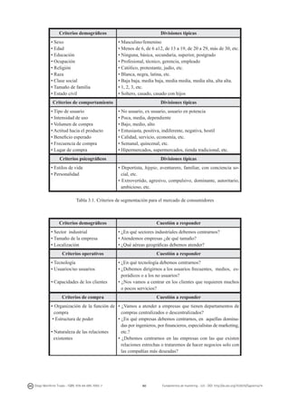 Criterios demográficos
• Sexo
• Edad
• Educación
• Ocupación
• Religión
• Raza
• Clase social
• Tamaño de familia
• Estado civil

Divisiones típicas
• Masculino/femenino
• Menos de 6, de 6 a12, de 13 a 19, de 20 a 29, más de 30, etc.
• Ninguna, básica, secundaria, superior, postgrado
• Profesional, técnico, gerencia, empleado
• Católico, protestante, judío, etc.
• Blanca, negra, latina, etc.
• Baja baja, media baja, media media, media alta, alta alta.
• 1, 2, 3, etc.
• Soltero, casado, casado con hijos

Criterios de comportamiento
• Tipo de usuario
• Intensidad de uso
• Volumen de compra
• Actitud hacia el producto
• Beneficio esperado
• Frecuencia de compra
• Lugar de compra

Divisiones típicas
• No usuario, ex usuario, usuario en potencia
• Poca, media, dependiente
• Bajo, medio, alto
• Entusiasta, positiva, indiferente, negativa, hostil
• Calidad, servicio, economía, etc.
• Semanal, quincenal, etc.
• Hipermercados, supermercados, tienda tradicional, etc.

Criterios psicográficos
• Estilos de vida
• Personalidad

Divisiones típicas
• Deportista, hippie, aventurero, familiar, con conciencia social, etc.
• Extrovertido, agresivo, compulsivo, dominante, autoritario,
ambicioso, etc.

Tabla 3.1. Criterios de segmentación para el mercado de consumidores

Criterios demográficos
• Sector  industrial
• Tamaño de la empresa
• Localización

Cuestión a responder
• ¿En qué sectores industriales debemos centrarnos?
• Atendemos empresas ¿de qué tamaño?
• ¿Qué aéreas geográficas debemos atender?

Criterios operativos
• Tecnología
• Usuarios/no usuarios
• Capacidades de los clientes

Cuestión a responder
• ¿En qué tecnología debemos centrarnos?
• ¿Debemos dirigirnos a los usuarios frecuentes, medios, esporádicos o a los no usuarios?
• ¿Nos vamos a centrar en los clientes que requieren muchos
o pocos servicios?

Criterios de compra

Cuestión a responder

• Organización de la función de • ¿Vamos a atender a empresas que tienen departamentos de
compra
compras centralizados o descentralizados?
 • Estructura de poder
• ¿En qué empresas debemos centrarnos, en aquellas dominadas por ingenieros, por financieros, especialistas de marketing,
• Naturaleza de las relaciones
etc.?
existentes
• ¿Debemos centrarnos en las empresas con las que existen
relaciones estrechas o trataremos de hacer negocios solo con
las compañías más deseadas?

Diego Monferrer Tirado - ISBN: 978-84-695-7093-7

60

Fundamentos de marketing - UJI - DOI: http://dx.doi.org/10.6035/Sapientia74

 