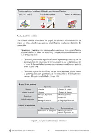 En nuestro ejemplo basado en el hipotético consumidor Manolito:
Cultura: occidental

Subcultura: española

Clase social: media-alta

4.2.2.2. Factores sociales
Los factores sociales, tales como los grupos de referencia del consumidor, los
roles y los estatus, también ejercen una alta influencia en el comportamiento del
consumidor.
•	 Grupos de referencia: son todos aquellos grupos que tienen una influencia
directa o indirecta sobre las actitudes y comportamientos del consumidor.
Los principales son:
–	 Grupos de pertenencia: aquellos a los que la persona pertenece y con los
que interactúa. En función de la frecuencia con la que se da la relación y
el grado de formalidad del grupo podremos encontrar diferentes posibilidades (figura 4.4).
–	 Grupos de aspiración: aquellos a los que no se pertenece, pero a los que
le gustaría pertenecer. Igualmente, en función del nivel de contacto valoraremos diferentes posibilidades (figura 4.4).

Grupos de pertenencia
• Familia

Informales
Primarias
(relación frecuente)
Secundarios
(relación esporádica)

Formales
• Grupos de trabajo

• Amigos
• Grupos deportivos

• Grupos de alumnos
• Partidos políticos

• Peñas

• Sindicatos

• Antiguos alumnos

• Colegios profesionales

Grupos de aspiración
Con contacto directo

Sin contacto directo

• Directivos de la empresa

• Personajes famosos,
artistas, deportistas, etc.

Figura 4.4. Los grupos de referencia del consumidor

Diego Monferrer Tirado - ISBN: 978-84-695-7093-7

76

Fundamentos de marketing - UJI - DOI: http://dx.doi.org/10.6035/Sapientia74

 