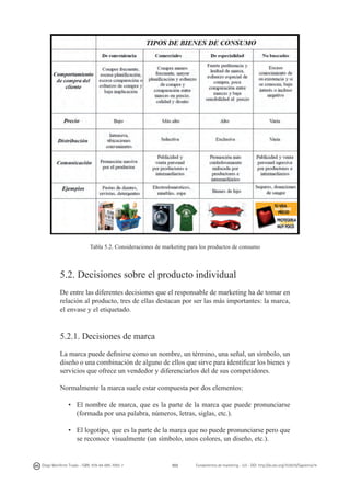 Tabla 5.2. Consideraciones de marketing para los productos de consumo

5.2. Decisiones sobre el producto individual
De entre las diferentes decisiones que el responsable de marketing ha de tomar en
relación al producto, tres de ellas destacan por ser las más importantes: la marca,
el envase y el etiquetado.

5.2.1. Decisiones de marca
La marca puede definirse como un nombre, un término, una señal, un símbolo, un
diseño o una combinación de alguno de ellos que sirve para identificar los bienes y
servicios que ofrece un vendedor y diferenciarlos del de sus competidores.
Normalmente la marca suele estar compuesta por dos elementos:
•	 El nombre de marca, que es la parte de la marca que puede pronunciarse
(formada por una palabra, números, letras, siglas, etc.).
•	 El logotipo, que es la parte de la marca que no puede pronunciarse pero que
se reconoce visualmente (un símbolo, unos colores, un diseño, etc.).

Diego Monferrer Tirado - ISBN: 978-84-695-7093-7

103

Fundamentos de marketing - UJI - DOI: http://dx.doi.org/10.6035/Sapientia74

 