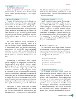 Capítulo 2

   e) Cóndilo
   SUPERFICIES ARTICULARES
   De las dos superficies de la articulación temporo-         atrás. Estas dos vertientes se unen en el punto culminan-
mandibular, una, la inferior, es la superficie maxilar; la    te del cóndilo; en su conjunto, representa una especie
otra, la superior, pertenece al temporal y es la superfi-     de albardilla convexa, a la vez en sentido anteroposterior
cie temporal.                                                 y en sentido transversal.

    a) Superficie maxilar                                         b) Superficie temporal
    Por parte del maxilar tenemos dos cóndilos de este            Para la articulación temporomaxilar, el temporal pre-
hueso. Son dos eminencias elipsoides que miden por            senta una eminencia transversal, el cóndilo del tempo-
término medio de 20 a 22 milímetros de longitud por 7         ral y por detrás del cóndilo, una cavidad glenoidea. El
u 8 milímetros de anchura. Estas dos eminencias se di-        cóndilo del temporal lo constituye la raíz transversal de
rigen oblicuamente de fuera hacia adentro y de delante        la apófisis cigomática; es ésta una eminencia transver-
a atrás, de tal modo que sus ejes mayores, prolongados        sal, fuertemente convexa de delante a atrás y ligeramen-
hacia delante de la parte central del agujero occipital;      te cóncava de fuera a adentro. Partiendo del tubérculo,
sus ejes menores, prolongados hacia delante, se encon-        se dirige oblicuamente hacia dentro y un poco atrás.
trarían también un poco por delante de la sínfisis del        Mira hacia abajo y un poco fuera, lo cual quiere decir
mentón.                                                       que su extremidad externa está sensiblemente más eleva-
                                                              da que su extremidad interna.
    Los cóndilos del maxilar ocupan, como hemos di-
cho más arriba, la porción posterior y superior de las
ramas ascendentes y con este motivo haremos notar que             LIGAMENTOS DE LA ATM . . . . . . . . . . . . .
la altura de estas ramas, muy variable según las espe-            Los ligamentos de la ATM juegan un papel importante
cies, es tanto más considerable cuanto más alejada            como estructuras protectoras. Realmente no entran ac-
de la base del cráneo está la bóveda palatina. Dicho de       tivamente en su funcionamiento, sino que en forma pasi-
otro modo, existe una correlación constante entre la al-      va restringen los movimientos mandibulares o articula-
tura de la rama del maxilar y la altura de la masa ósea       res. Los ligamentos de la ATM son:
facial.
                                                                 a) Ligamentos colaterales
    Considerando en sus relaciones con la rama del               b) Ligamento capsular
maxilar, el cóndilo está sostenido por una porción larga         c) Ligamento temporomandibular
llamada cuello. El cuello, redondo y obtuso en su parte          d) Ligamentos accesorios
posterior, presenta en la anterior, en sus tres cuartos
internos, una depresión siempre muy marcada, en la
cual viene a insertarse el músculo pterigoideo externo.           a) Ligamentos colaterales
El cóndilo, con su cuello, está fuertemente inclinado hacia       Los ligamentos colaterales o discales adhieren los
adentro. Algunos autores dicen que está situado entera-       bordes mediano y lateral del disco articular a los dos
mente por delante del plano sagital que pasa por la rama      polos del cóndilo. Estos ligamentos van del disco al
del maxilar. En efecto, si trazamos una vertical a lo lar-    cóndilo y están constituidos por fibras colágenas muy
go de la cara externa de esa rama y entonces miramos el       densas que no permiten su estiramiento. Su función
cóndilo, aproximadamente su cuarta o quinta parte ex-         es restringir los movimientos del disco, es decir, hacen
terna, queda constantemente por fuera de dicha vertical.      que éste se mueva pasivamente con el cóndilo cuando
                                                              éste se desplaza anteriormente. Son responsables de
    Cada uno de los cóndilos, considerado aisladamen-         los movimientos de bisagra de la ATM que se producen
te, presenta dos caras: cara anterior o vertiente anterior,   entre el cóndilo y el disco articular. Los ligamentos co-
que mira hacia arriba y adelante, casi directamente arri-     laterales tienen su propia vascularización e inervación.
ba; cara posterior o vertiente posterior, que mira hacia

                                                                                                FUNDAMENTOS DE OCLUSIÓN    27
 