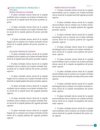 Capítulo 3
   PLANO HORIZONTAL PREMOLARES Y                                 PRIMER MOLAR INFERIOR
   MOLARES                                                       10. El plano inclinado externo mesial de la cúspide
   PRIMER PREMOLAR INFERIOR                                   mesivestibular está en contacto con el plano inclinado
   1. El plano inclinado externo distal de la cúspide         interno distal de la cúspide bucal del segundo premolar
vestibular está en contacto con el plano inclinado inter-     superior.
no mesial de la cúspide bucal del primer premolar su-
perior.                                                          11. El plano inclinado interno mesial de la cúspide
                                                              mesiovestibular está en contacto con el plano inclina-
   2. El plano inclinado interno distal de la cúspide         do interno distal de la cúspide palatina del segundo
vestibular está en contacto con el plano inclinado inter-     premolar superior.
no mesial de la cúspide palatina del primer premolar
superior.                                                        12. El plano inclinado interno mesial de la cúspide
                                                              mesiolingual está en contacto con el plano inclinado
    3. El plano inclinado interno distal de la cúspide        externo distal de la cúspide palatina del segundo
lingual está en contacto con el plano inclinado externo       premolar superior.
mesial de la cúspide palatina del primer premolar su-
perior.                                                          13. El plano inclinado interno distal de la cúspide
                                                              mesiolingual está en contacto con el plano inclinado ex-
   SEGUNDO PREMOLAR INFERIOR                                  terno mesial de la cúspide mesio palatina del primer
   4. El plano inclinado externo mesial de la cúspide         molar superior.
vestibular está en contacto con el plano inclinado interno
distal de la cúspide bucal del primer premolar superior.         14. El plano inclinado interno distal de la cúspide
                                                              mesiovestibular está en contacto con el plano inclinado
   5. El plano inclinado interno mesial de la cúspide         interno mesial de la cúspide mesiopalatina del primer
vestibular está en contacto con el plano inclinado inter-     molar superior.
no distal de la cúspide palatina del primer premolar
superior.                                                         15. El plano inclinado externo distal de la cúspide
                                                              mesiovestibular está en contacto con el plano inclinado
    6. El plano inclinado interno mesial de la cúspide        interno mesial de la cúspide mesiobucal del primer molar
lingual está en contacto con el plano inclinado externo       superior.
distal de la cúspide palatina del primer premolar superior.
                                                                 16. El plano inclinado interno mesial de la cúspide
   7. El plano inclinado externo distal de la cúspide         distolingual está en contacto con el plano inclinado ex-
vestibular está en contacto con el plano inclinado inter-     terno mesial de la cúspide mesiopalatina del primer
no mesial de la cúspide bucal del segundo premolar            molar superior.
superior.
                                                                 17. El plano inclinado interno mesial de la cúspide
   8. El plano inclinado interno distal de la cúspide         centrovestibular está en contacto con el plano inclinado
vestibular está en contacto con el plano inclinado inter-     interno distal de la cúspide mesiopalatina del primer
no mesial de la cúspide palatina del segundo premolar         molar superior.
superior.
                                                                  18. El plano inclinado externo mesial de la cúspide
    9. El plano inclinado interno distal de la cúspide        centrovestibular está en contacto con el plano inclinado
lingual está en contacto con el plano inclinado externo       interno distal de la cúspide mesiobucal del primer mo-
mesial de la cúspide palatina del segundo premolar            lar superior.
superior.


                                                                                              FUNDAMENTOS DE OCLUSIÓN    41
 