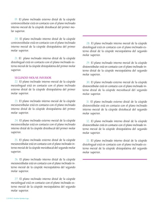19. El plano inclinado externo distal de la cúspide
     centrovestibular está en contacto con el plano inclinado
     interno mesial de la cúspide distobucal del primer mo-
     lar superior.

        20. El plano inclinado interno distal de la cúspide
     centrovestibular está en contacto con el plano inclinado         28. El plano inclinado interno mesial de la cúspide
     interno mesial de la cúspide distopalatina del primer         distolingual está en contacto con el plano inclinado ex-
     molar superior.                                               terno distal de la cúspide mesiopalatina del segundo
                                                                   molar superior.
        21. El plano inclinado interno distal de la cúspide
     distolingual está en contacto con el plano inclinado ex-         29. El plano inclinado interno mesial de la cúspide
     terno mesial de la cúspide distopalatina del primer molar     distovestibular está en contacto con el plano inclinado in-
     superior.                                                     terno distal de la cúspide mesiopalatina del segundo
                                                                   molar superior.
        SEGUNDO MOLAR INFERIOR
        22. El plano inclinado interno mesial de la cúspide            30. El plano inclinado externo mesial de la cúspide
     mesiolingual está en contacto con el plano inclinado          distovestibular está en contacto con el plano inclinado in-
     externo distal de la cúspide distopalatina del primer         terno distal de la cúspide mesiobucal del segundo
     molar superior.                                               molar superior.

        23. El plano inclinado interno mesial de la cúspide           31. El plano inclinado externo distal de la cúspide
     mesiovestibular está en contacto con el plano inclinado       distovestibular está en contacto con el plano inclinado
     interno distal de la cúspide distopalatina del primer         interno mesial de la cúspide distobucal del segundo
     molar superior.                                               molar superior.

        24. El plano inclinado externo mesial de la cúspide           32. El plano inclinado interno distal de la cúspide
     mesiovestibular está en contacto con el plano inclinado       distovestibular está en contacto con el plano inclinado in-
     interno distal de la cúspide distobucal del primer molar      terno mesial de la cúspide distopalatina del segundo
     superior.                                                     molar superior.

        25. El plano inclinado externo distal de la cúspide           33. El plano inclinado interno distal de la cúspide
     mesiovestibular está en contacto con el plano inclinado in-   distolingual está en contacto con el plano inclinado ex-
     terno mesial de la cúspide mesiobucal del segundo molar       terno mesial de la cúspide distopalatina del segundo
     superior.                                                     molar superior.

        26. El plano inclinado interno distal de la cúspide
     mesiovestibular está en contacto con el plano inclinado in-
     terno mesial de la cúspide mesiopalatina del segundo
     molar superior.

        27. El plano inclinado interno distal de la cúspide
     mesiolingual está en contacto con el plano inclinado ex-
     terno mesial de la cúspide mesiopalatina del segundo
     molar superior.

C.D.M.O. Anselmo Apodaca Lugo
 